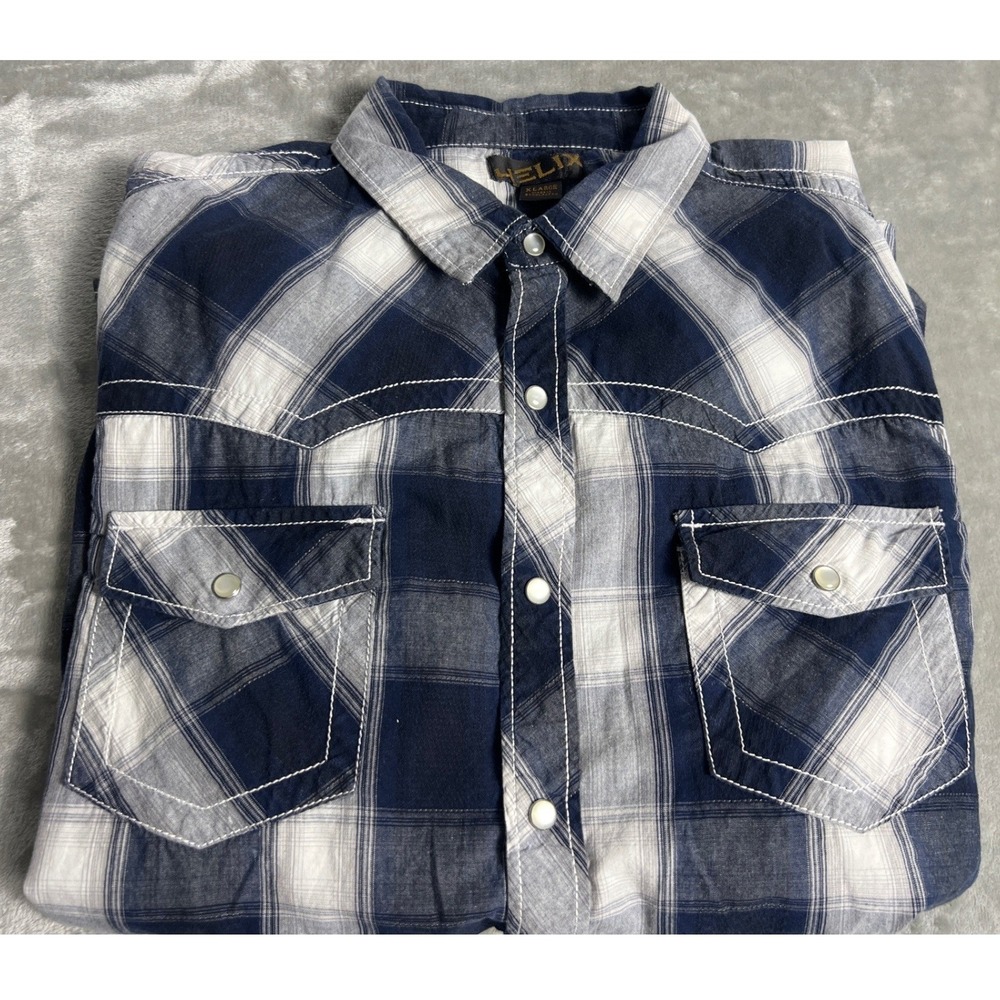 Helix Men's XL Navy Blue White Plaid Western Long Sleeve Pearl Snap Shirt